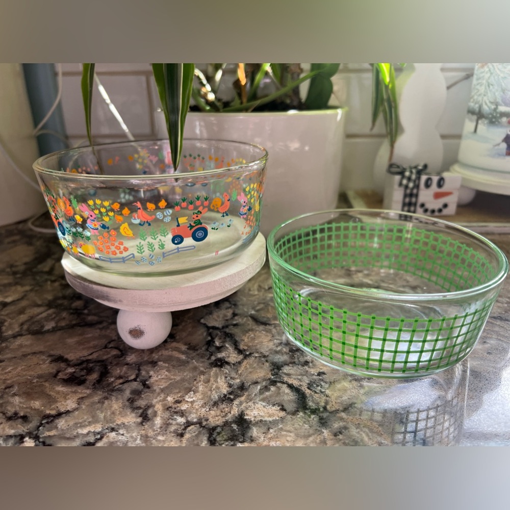 2 Spring Bunny and Green Check Glass Bowls & Lids